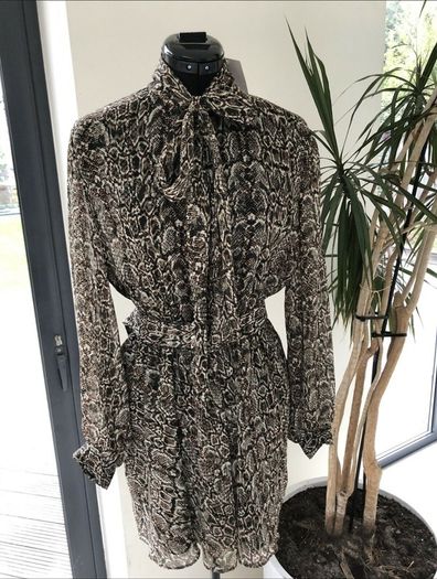ZARA green brown animal snake print Balloon Sleeves Dress With Belt Size S