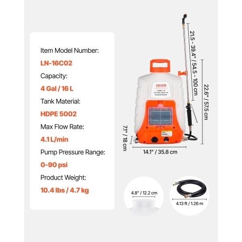 Battery Powered Backpack Sprayer 15.1 L Tank 0-90 PSI Adjustable Pressure  Features & Details No More Hand Pumping: Spraying has never been easier! VEVOR's battery-powered sprayer features a durable 8Ah lithium-ion battery, which can spray for 4-6 hou