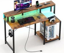 48 Inch Computer Desk with Monitor Stand with Power Outlets & Adjustable LED