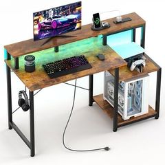 48 Inch Computer Desk with Monitor Stand with Power Outlets & Adjustable LED