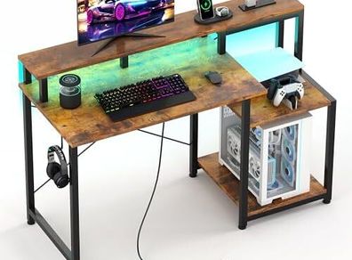 48 Inch Computer Desk with Monitor Stand with Power Outlets & Adjustable LED