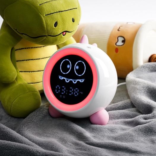 H-chin Kids Alarm Clock, Sleep Trainer for Children with Night Light, Sound Machine, Alarm Clock with Wake-Up Time for Toddlers (Pink)