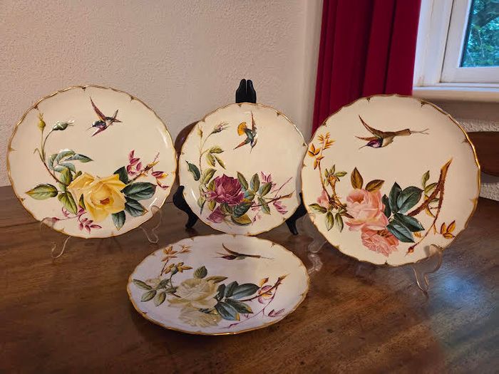 Beautiful Antique Hand Painted China Set Hummingbird Wall Plaques / Plates