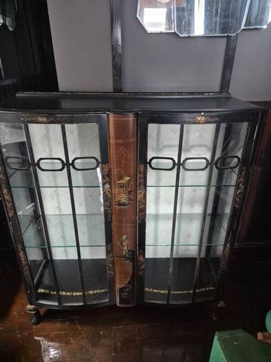 Vintage  Turnige Chinoiserie locking ebonised handpainted cabinet 3 tiers