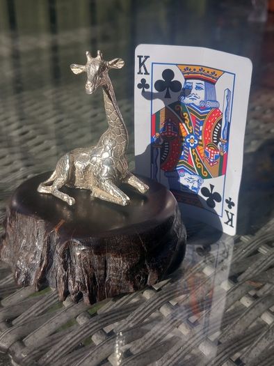 Sterling silver giraffe on Zimbabwean wood, by Patrick Mavros, D18 post 8e