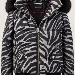 Juicy Couture Zebra Print Puffer Jacket with Faux Fur Hood
