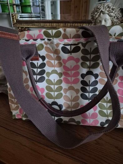 Orla Kiely Pink Green Tan Ivory Floral Stem Oilcloth Crossbody Bag