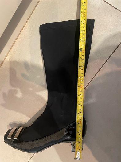 black stretch material boots with patent leather toe low chrome silver metal heel by Ras
