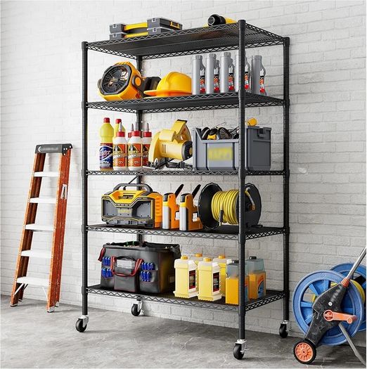 Heavy Duty Garage Shelving Unit - 182.9x91.3x45.7 cm - Adjustable Wire Shelving Unit Storage Shelves with Wheels, 5 Tier, Black