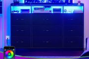 Chest of Drawers with Charging Station and LED Light, Dresser TV Stand with 9 Fabric Drawers
