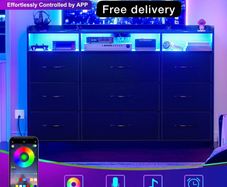 Chest of Drawers with Charging Station and LED Light, Dresser TV Stand with 9 Fabric Drawers