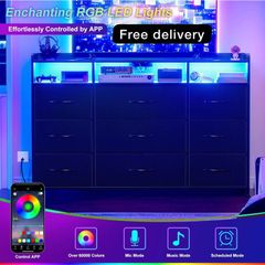 Chest of Drawers with Charging Station and LED Light, Dresser TV Stand with 9 Fabric Drawers