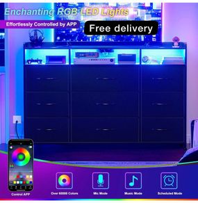 Chest of Drawers with Charging Station and LED Light, Dresser TV Stand with 9 Fabric Drawers