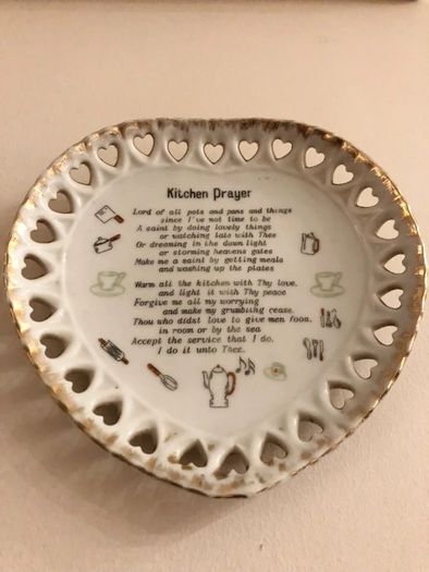 Vintage Heart-Shaped "Kitchen Prayer" Wall Hanging Ceramic Plate - Reticulated Hearts