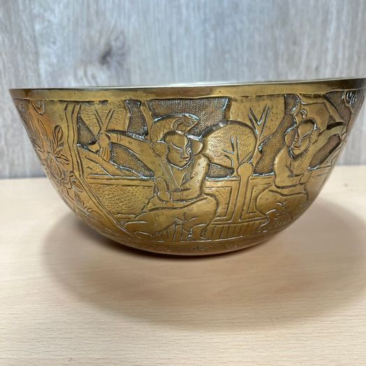 Vintage Chinese Brass Engraved Dish Bowl 24cm China c1930s Old Patina