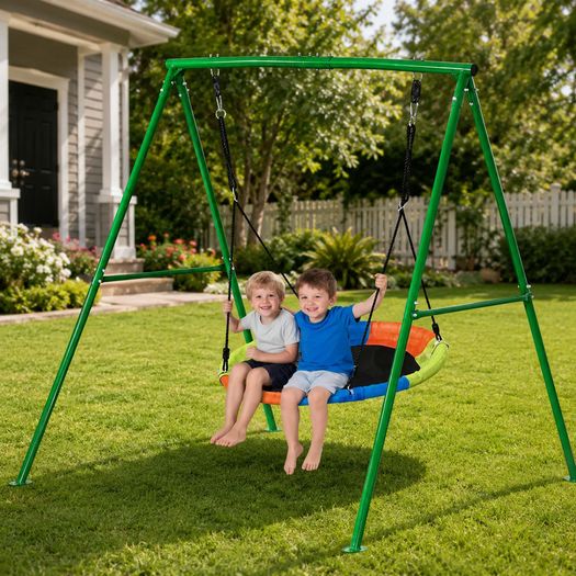 Swing Set for Backyard 100 cm Saucer Swing Seat with Heavy Duty A-Frame Metal Stand, 199.6 kg Load Capacity, Reinforced with Spiral Ground Anchors
