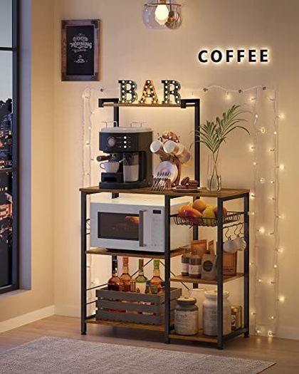 Bakers Rack with Shelves  Microwave Stand with Wire Basket, 6 S-Hooks, Kitchen Shelf, Utility Storage for Spices Pots and Pans Rustic Brown