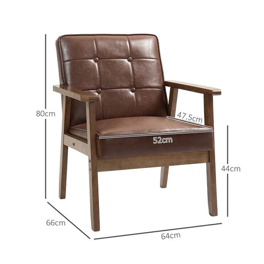 Living Room Armchair, Bedroom Armchair in Synthetic Leather, Button-Tufted Back, Solid Wood Legs, 64x66x80cm, Brown