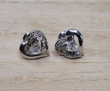 Sterling Silver 925 Open Heart Stud Earrings Heart Cut Cubic Zirconia