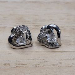 Sterling Silver 925 Open Heart Stud Earrings Heart Cut Cubic Zirconia