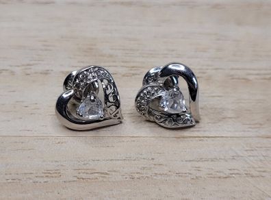 Sterling Silver 925 Open Heart Stud Earrings Heart Cut Cubic Zirconia