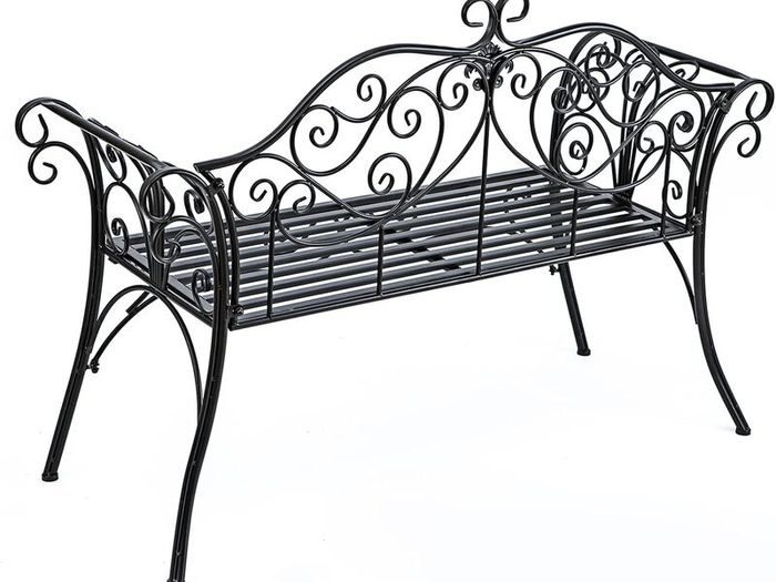 Black 2-Seater Garden Bench, Wrought Iron Frame with Decorative Cast Aluminium Backrest, Outdoor Patio & Porch Seating, 250kg Capacity