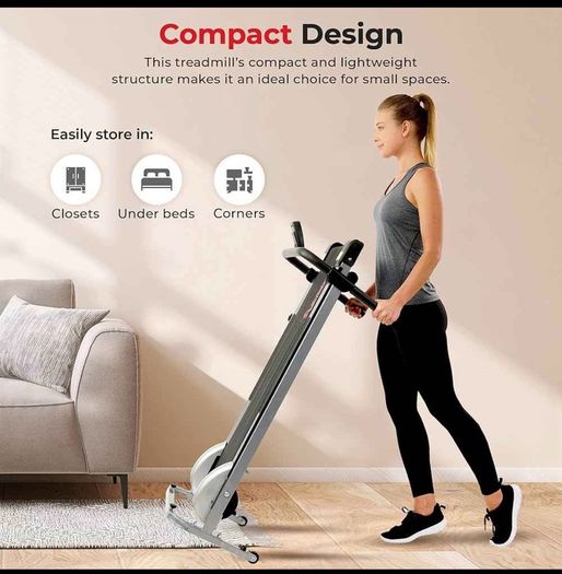 Manual Compact foldable treadmill with transportation wheels for easy portability.   Folded dimension: 20Lx23Wx50h in.