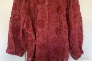Burgundy blouse wjth velvet floral detailing (Size M)