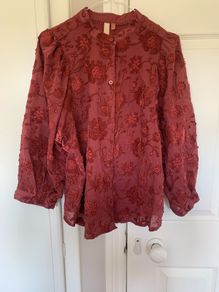Burgundy blouse wjth velvet floral detailing (Size M)