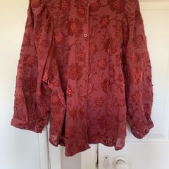 Burgundy blouse wjth velvet floral detailing (Size M)