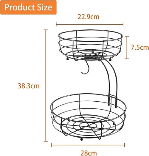 Fruit Basket, 2-Tier Fruit Bowl with Banana Hanger, Kitchen Countertop Rack, Metal Bowls Perfect for Holding Fruit, Vegetables, Snacks, Cupcakes (Black)