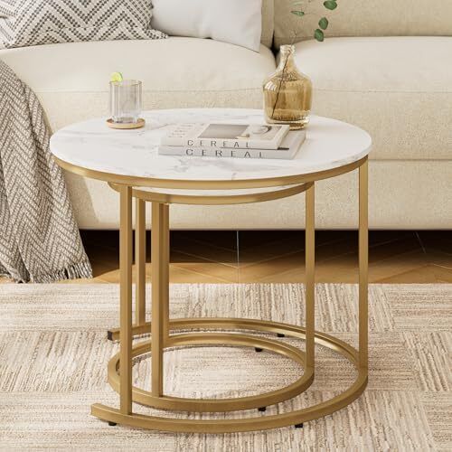 Round Coffee Tables, Removable Set of 2 End Table, Nesting Tables with Gold Metal Frame Legs and Marble White Top for Living Room, Bedroom, Office, Balcony, Apartment (White)
