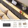King Size Bed Frames with 5ft Upholstered Wooden Two-shelf Storage Headboard, Charging Station,LED Lights Image 2