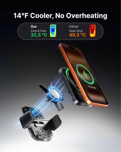 3-in-1 Wireless Car Charger for Magsafe, Extra Clamp for Bumpy Road, Cooling Fan to Extend Battery Life, Original Qi2 Certified 15W Fast Charging Magnetic Car Phone Holder for iPhone 12-17 Series
