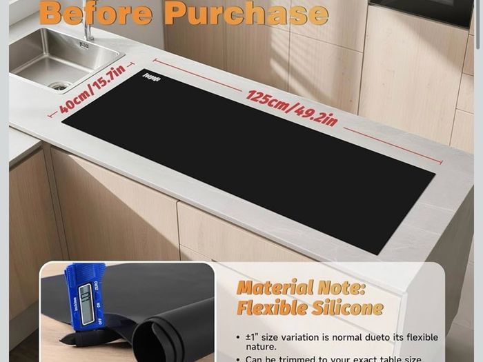 Silicone Kitchen Worktop Protector: 125 x 40 cm Heat Resistant Silicone Mat Long Silicone Mat for Worktops - Heat Resistant Mat for Kitchen Countertop Waterproof Cuttable Table Protector/Black/Foepoge