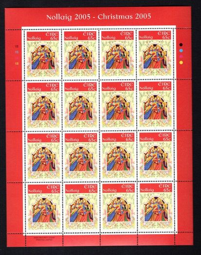 2005 Ireland Christmas Commemorative Stamp Sheetlet Plate 1B1B1B1B Mint Never Hinged (MNH).