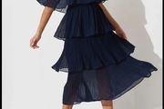 NEW QUIZ Navy Chiffon Bardot Pleated Tiered Midi Dress  Size 10