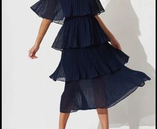 NEW QUIZ Navy Chiffon Bardot Pleated Tiered Midi Dress  Size 10