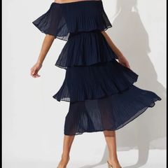 NEW QUIZ Navy Chiffon Bardot Pleated Tiered Midi Dress  Size 10