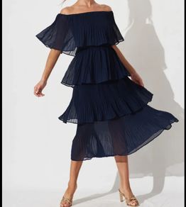NEW QUIZ Navy Chiffon Bardot Pleated Tiered Midi Dress  Size 10