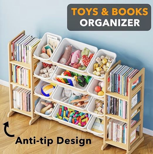 Toy Storage Organizer with 6 Shelves and 12 Bins, Bookshelf/Bookcase, Kids Bin Shelf, Toys Box for Playroom Organization for Bedroom & Room Decor, White, 52.3" W