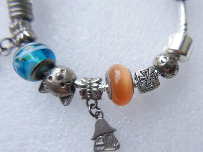 Vintage 925 Silver Charm Bracelet with Murano Glass Beads , Colorful Handmade Silver Bead Bracelet