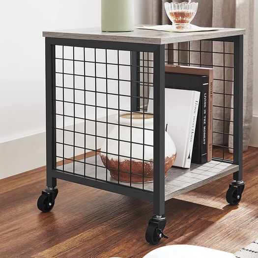 Bedside Table with Wheels Steel Frame Shelves 40 x 40 x 50 cm for Living Room Bedroom Industrial Design Greige-Black