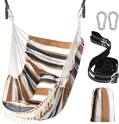 NEW SALE | Hammock Chair Hanging Swing 2 Seat Cushions Included,Strong Webbing Straps and Hooks for Easy Hanging Soft Cotton Weave Hanging Chair Side Pocket Large Tassel Chair Set Comfort Indoor Outdoor