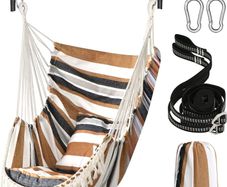 NEW SALE | Hammock Chair Hanging Swing 2 Seat Cushions Included,Strong Webbing Straps and Hooks for Easy Hanging Soft Cotton Weave Hanging Chair Side Pocket Large Tassel Chair Set Comfort Indoor Outdoor