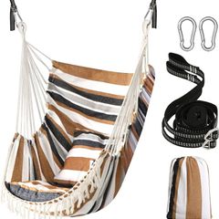 NEW SALE | Hammock Chair Hanging Swing 2 Seat Cushions Included,Strong Webbing Straps and Hooks for Easy Hanging Soft Cotton Weave Hanging Chair Side Pocket Large Tassel Chair Set Comfort Indoor Outdoor