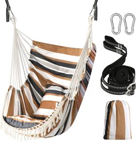 NEW SALE | Hammock Chair Hanging Swing 2 Seat Cushions Included,Strong Webbing Straps and Hooks for Easy Hanging Soft Cotton Weave Hanging Chair Side Pocket Large Tassel Chair Set Comfort Indoor Outdoor
