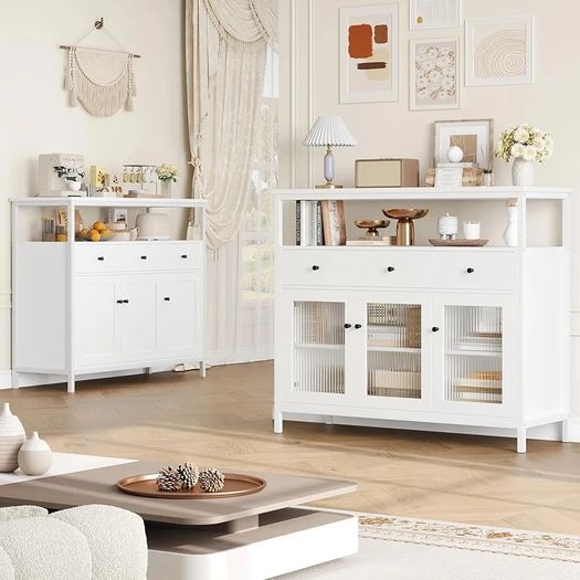 White Sideboard Storage Cabinet Kitchen Sideboard Buffet Cabinet with 3 Glass Doors 3 Drawers and Adjustable Shelves for Living Room Dining Room, Metal Frame 108x38x98.5cm