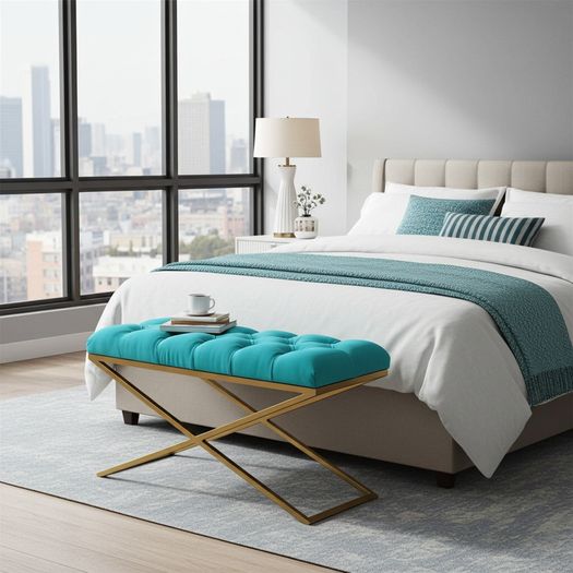 Aqua Velvet X-Frame Bench 100x40cm  Gold Metal