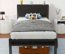 Single Bed Frame with Wood Storage Headboard